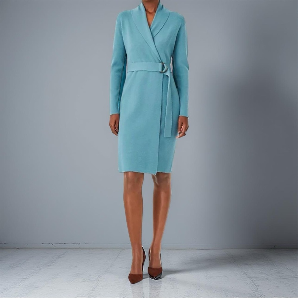 Ann Taylor Shawl Collar Belted Wrap Sweater Dress Color-Oceanside